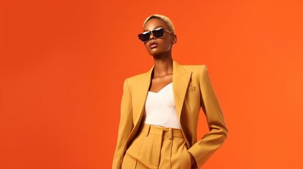 Beautiful young black woman posing in a trendy yellow suit, white blouse, sunglasses, and short hair. Orange background, stylish fashion photo. Empty space for text, commercial