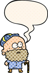 old cartoon man with walking stick and flat cap with speech bubble in comic book style