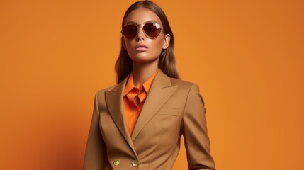 A stylish young woman with tanned skin, wearing sunglasses, a fashionable beige jacket, and an orange blouse. Vibrant background with spaces for text. Italian street style - Generative AI