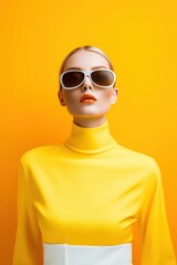 Beautiful young woman in a yellow sweater and sunglasses. Fashionable blonde, on a yellow background. Close-up view - Generative AI. 