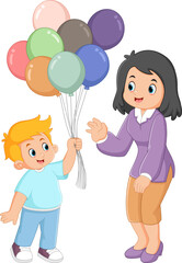 a cute boy is carrying lots of balloons and giving them to his mother