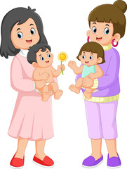 two mothers are meeting and holding a very cute baby