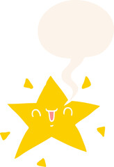 cartoon happy star with speech bubble in retro style