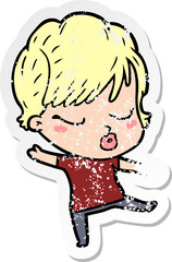 distressed sticker of a cartoon woman with eyes shut