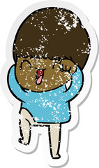 distressed sticker of a happy cartoon boy