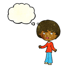 cartoon woman thinking with thought bubble