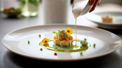 Refined and elegant cuisine from chefs, dish presentation. Generative AI,