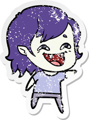 distressed sticker of a cartoon laughing vampire girl
