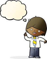 cartoon school boy answering question with thought bubble