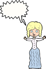 cartoon worried victorian woman with speech bubble