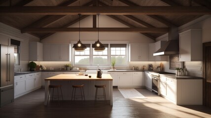 Fototapeta na wymiar Modern spacious country house kitchen, white facades and dark countertops, wooden floors and ceiling beams, kitchen island with bar stools. Generative AI
