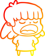 warm gradient line drawing of a cartoon woman talking loudly
