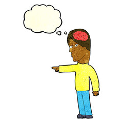 cartoon clever man pointing with thought bubble