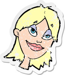 retro distressed sticker of a cartoon happy woman