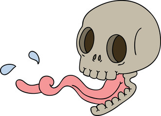 hand drawn quirky cartoon skull with tongue