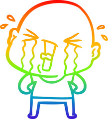 rainbow gradient line drawing of a cartoon crying bald man