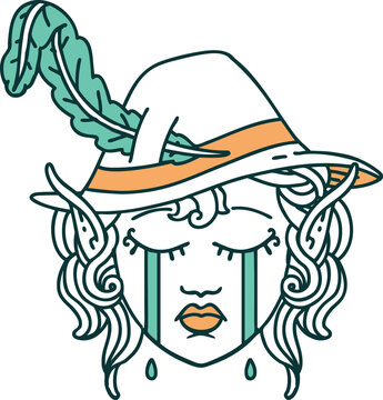 Retro Tattoo Style crying elf bard character face