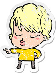 distressed sticker of a cartoon woman with eyes shut