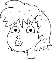 freehand drawn black and white cartoon female face