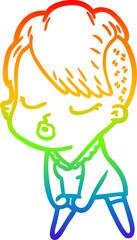 rainbow gradient line drawing of a cartoon pretty hipster girl