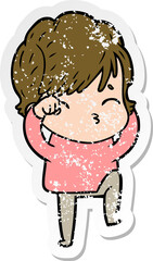 distressed sticker of a cartoon woman thinking