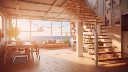 Fototapeta premium Bright living room in a villa by the sea. Dining area with table and chairs, relaxation area with sofa and bookshelves, wooden staircase to the second floor. Panoramic windows with Generative AI