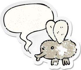 cartoon fly with speech bubble distressed distressed old sticker