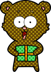 laughing teddy  bear with christmas present