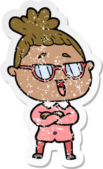 distressed sticker of a cartoon happy woman wearing spectacles