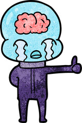 cartoon big brain alien crying but giving thumbs up symbol