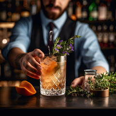 Cocktail mixology with an image of a skilled mixologist crafting a visually stunning cocktail, garnished with fresh fruits, herbs, and a touch of flair, Generated AI - obrazy, fototapety, plakaty