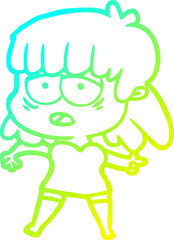 cold gradient line drawing of a cartoon tired woman