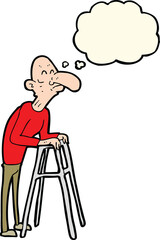 cartoon old man with walking frame with thought bubble