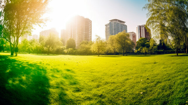 banner wide image of green spaces in urban city. Generative AI,