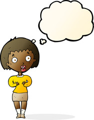 cartoon woman making Who Me? gesture with thought bubble