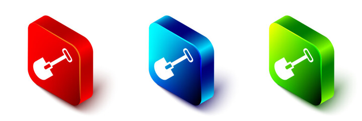 Isometric Shovel icon isolated on white background. Gardening tool. Tool for horticulture, agriculture, farming. Red, blue and green square button. Vector