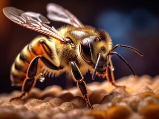 close up of honey bee collecting pollen to bring to hive, generative ai