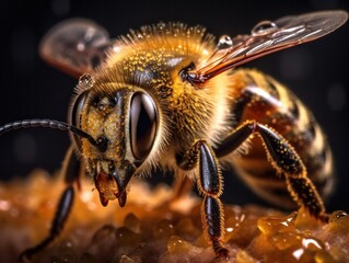 close up of honey bee collecting pollen to bring to hive, generative ai
