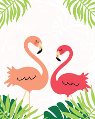 Tropical summer background with flamingos and tropical leaves. Exotic floral Invitation, flyer or card. Vector illustration. 