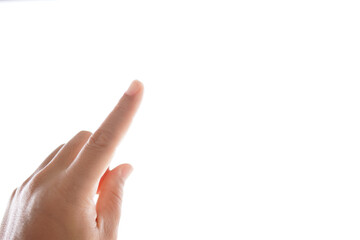 Naklejka premium Man's hand pointing finger, white background (spot focus)