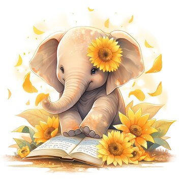 Naklejka Baby elephant with sunflowers and books watercolor animals illustration. Isolated on white background. For children book and print, birthday. Art for poster, greeting card and sticker. Ai Generative