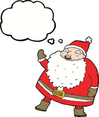 funny waving santa claus cartoon with thought bubble