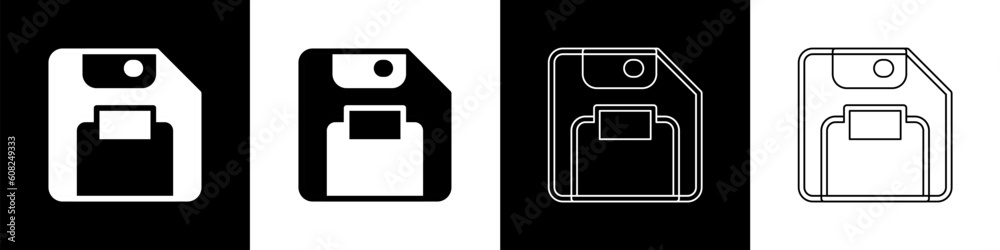 Poster set floppy disk for computer data storage icon isolated on black and white background. diskette sign