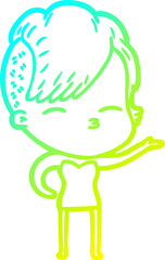 cold gradient line drawing of a cartoon squinting girl