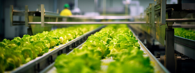 lettuce, tape in the food industry, products ready for automatic packaging. Concept with automated food production. Generative AI,
