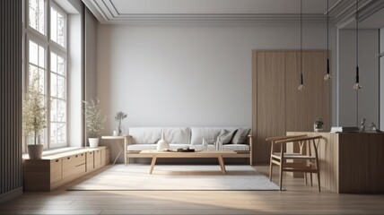 Naklejka na ściany i meble Spacious modern Scandinavian living room with dining area. Wooden furniture and flooring, light textiles, beige carpet, large panoramic windows. Light natural colors. Generative AI