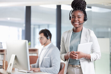 Tablet, call center and manager with portrait of black woman in office for consulting, contact us and business. Leadership, communication and digital with employee for advice, training and mentor