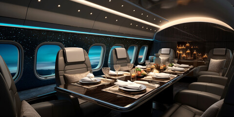 First class Restaurant mit dekorierten Tisch im Flugzeug, ai generariv