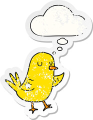 cartoon bird with thought bubble as a distressed worn sticker