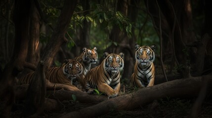A team of Bengal Tigers quietly moving through a lush forest, their stripes melding with the dappled shadows